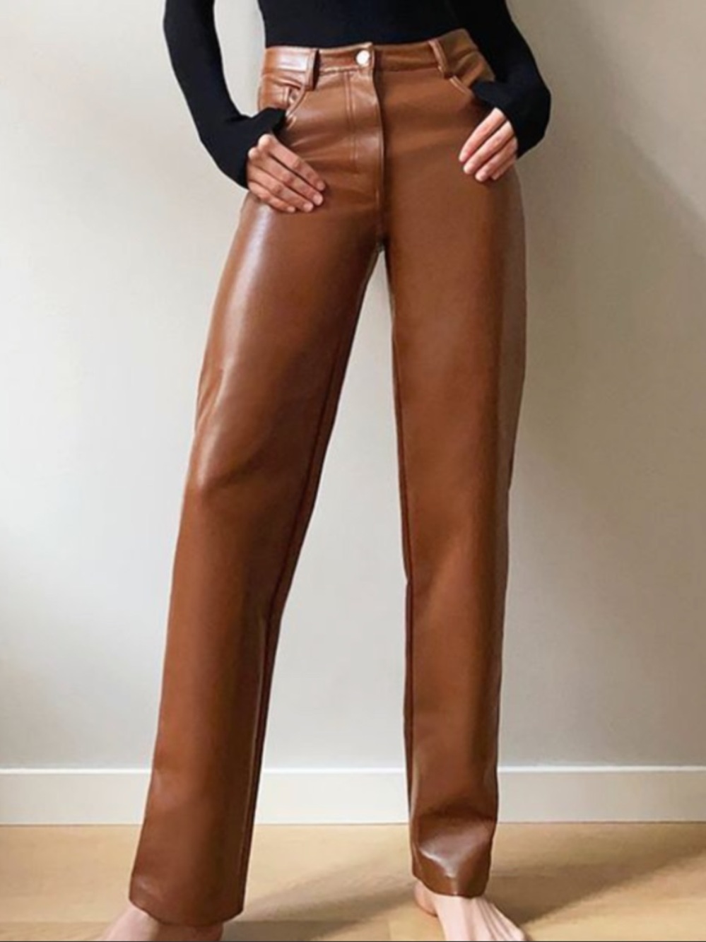 Aritzia Brown Faux Leather Straight Leg Pants